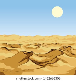 Peak skyline morning scenery. Bright golden color hand drawn warm global sandstorm symbol sketch in art doodle old vintage cartoon style. Scenic panoramic view. Text space on vibrant blue azure heaven