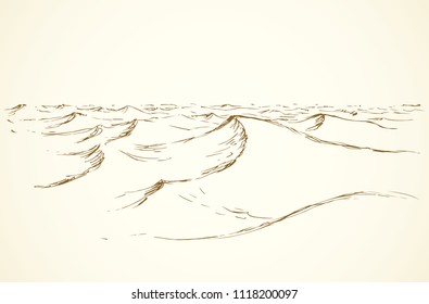 Peak skyline scenery. Outline black pen ink hand drawn warm global sandstorm sign icon symbol sketchy in art doodle vintage cartoon style. Scenic line view with space for text on light paper backdrop