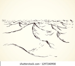 Peak skyline scenery. Outline black pen ink hand drawn warm global sandstorm sign icon symbol sketchy in art doodle vintage cartoon style. Scenic line view with space for text on light paper backdrop