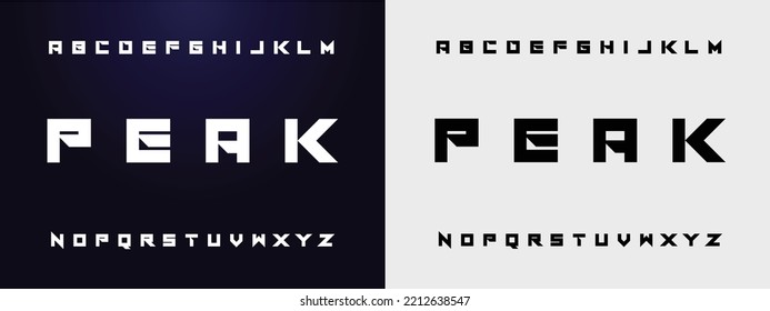 PEAK Sports minimal tech font letter set. Luxury vector typeface for company. Modern gaming fonts logo design.