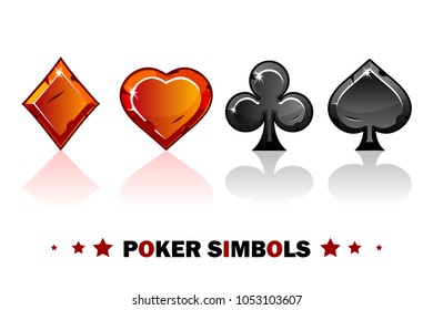 Peak, tref, chirva and tambourine, red and black old Poker symbols of playing cards. Icons for game assets