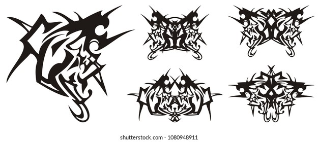 Peaked eagle head symbol and butterflies formed from it. Abstract tribal eagle and butterfly tattoo. Black on white