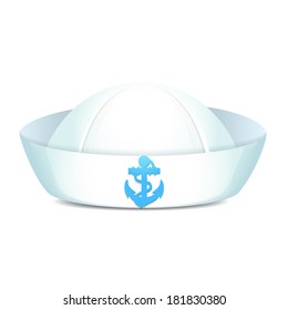 Peaked sailor hat with blue anchor on white background isolated vector illustration