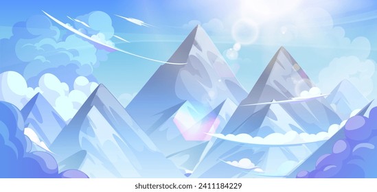 Peaks of high rocky mountains above clouds. Snowy stone hill top above haze against blue sky with bright sun. Cartoon vector illustration of aerial panoramic landscape with rock mount and sunlight.