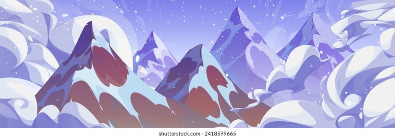Peaks of high rocky mountains above clouds in snowfall weather. Snowy stone hill top above haze against cloudy sky during blizzard. Cartoon vector of aerial panoramic winter landscape with rock mount.