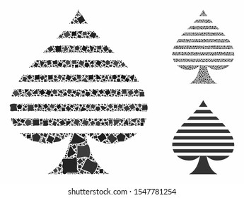 Peaks suit composition of rugged items in different sizes and shades, based on peaks suit icon. Vector ragged items are united into composition. Peaks suit icons collage with dotted pattern.