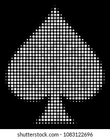 Peaks suit halftone vector icon. Illustration style is dot iconic peaks suit symbol on a black background. Halftone pattern is made with spheric items.