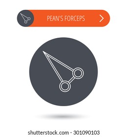 Pean forceps icon. Medical surgery tool sign. Gray flat circle button. Orange button with arrow. Vector