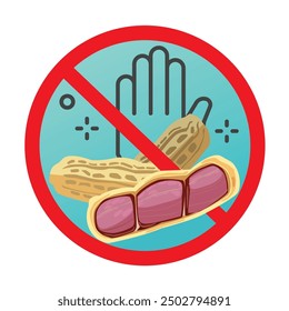 Peanut allergy sign illustrate with cute cartoon, hand and warning sign in red line