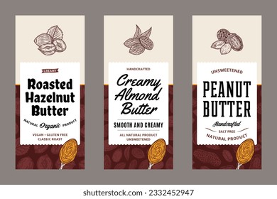 Peanut, almond and hazelnut butter labels in modern style. Vector nuts illustrations and patterns