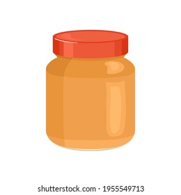 Peanut Or Almond Nut Butter In Glass Jar Isolated On White Background. Vector Illustration In Cartoon Flat Style.