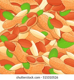 The peanut background. Closely spaced delicious nuts vector illustration. Nuts pattern, peanut fruit in the shell, whole, shelled, leaves, appetizing looking for packaging design of healthy food