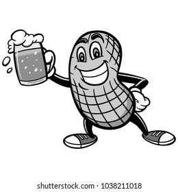 Peanut and Beer Illustration - A vector cartoon illustration of a Peanut mascot with a beer.