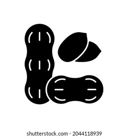 Peanut black glyph icon. Nut for nourishment. Nutrient diet, food ingredient. Protein dense foodstuff. Common allergen, cause of allergy. Silhouette symbol on white space. Vector isolated illustration