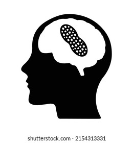 Peanut brain icon. Vector illustration of head with small peanut inside. Stupid or foolish person symbol isolated on white background. Dumb ass. Small, tiny brain.