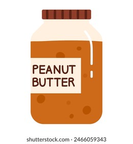 Peanut butter bottle. High protein vegan product in glass jar. Healthy food lifestyle. Grocery product for lunch or breakfast. Vector illustration in cartoon style. Isolated on white background