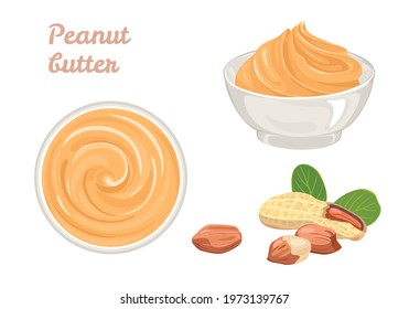 Peanut butter in bowl and nuts set. Swirl of sweet nutty cream. Vector illustration in cartoon flat style.
