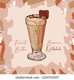 Peanut Butter Brownie Milkshake In Glass Cup With Brownie Slice Decoration Isolated. Colorful Vector Illustration In Sketch Retro Style. Hand Drawn Image For Menu And Poster Design With Fresh Drink.