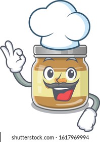 Peanut butter cartoon character wearing costume of chef and white hat