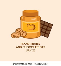 Erdnussbutter und Schokoladentag-Vektorgrafik. Jar aus Erdnussbutter und Schokoladenriegel Symbol Vektorgrafik. Amerikanische Delikatessen-Ikone. Erdnussbutter und Schokoladentag Poster, 23. Juli. Wichtiger Tag