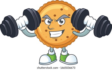 Peanut butter cookies mascot icon on fitness exercise trying barbells