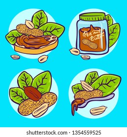 Peanut butter doodle vector icon set. Cartoon illustration set of peanut icons for web design. Nuts hand drawn emblems and labels