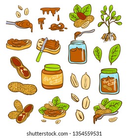 Peanut butter doodle vector icon set. Cartoon illustration set of peanut icons for web design. Nuts hand drawn emblems and labels isoleted on white backgraund