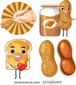 Ilustración de los elementos de la mantequilla de cacahuete y del conjunto de iconos