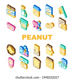 Peanut Butter Food Collection Icons Set Vector. Peanut Butter On Bread And Knife, Nut Homemade Natural Dessert And Factory Production Color Illustrations