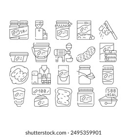 Peanut Butter Food Collection Icons Set Vector. Peanut Butter On Bread And Knife, Nut Homemade Natural Dessert And Factory Production Contour Illustrations