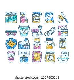 peanut butter food doodle icons set vector. sketch line art peanut butter on bread and knife, nut homemade natural dessert and factory production contour illustrations