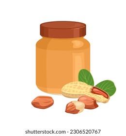 Peanut butter in glass jar and nuts isolated on white background. Vector cartoon illustration.