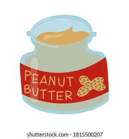 Peanut butter in glass jar with red label. Flat vector illustration of nutty creamy spread isolated on white background. 