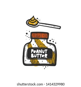 Peanut butter. Hand drawn vector illustration. Can be used for cafe, menu, shop, bar, restaurant, bakery, poster, sticker, logo, detox diet concept, farmers market