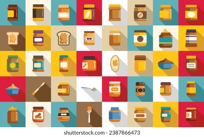 Peanut butter icons set flat vector. Nut jar plant. Jelly snack bread