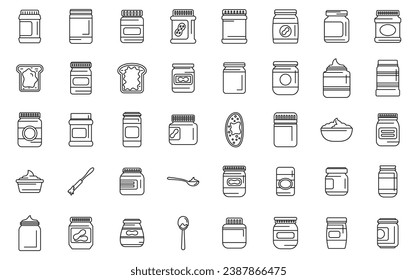 Peanut butter icons set outline vector. Nut jar plant. Jelly snack bread