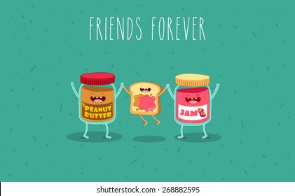 Peanut butter and jam jar. Vector cartoon. Friends forever. Comic characters. Use for card, poster, banner, web design and print on t-shirt. Easy to edit. Vector illustration.