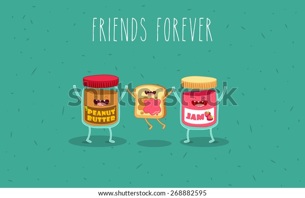Peanut butter
and jam jar. Vector cartoon. Friends forever. Comic characters. Use
for card, poster, banner, web design and print on t-shirt. Easy to
edit. Vector
illustration.