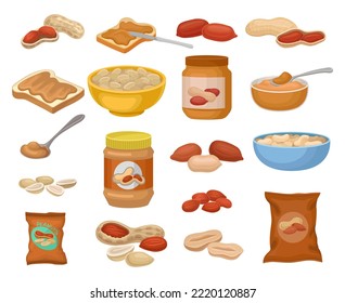 Peanut with Butter in Jar, Bread Toast and Salty Snack Package Big Vector Set