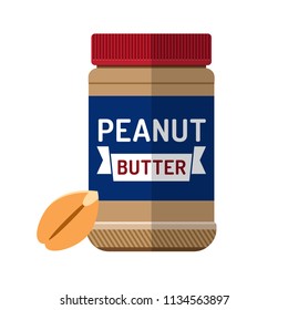 Peanut butter in jar and peanut. Flat vector icon, illustration. Isolated on white background.