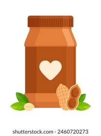 Peanut butter jar with a heart label, peanuts and green leaves. Flat icon isolated on white background. Healthy snack and vegan protein source concept. Great for promotional grocery materials