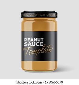 Peanut Butter Jar : Premium glass container with black label template isolated on light grey background : Vector Illustration