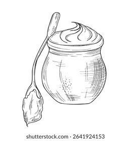 Peanut butter jar. Sketch illustration with hand drawn letters. Isolated on white
