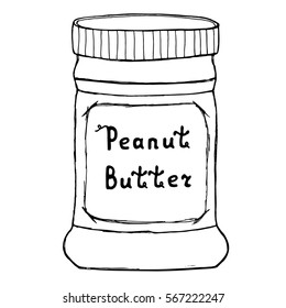 Peanut butter jar. Sketch illustration with hand drawn letters. Isolated on white