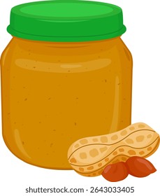 Manteiga de amendoim em um pote. Produto saboroso de snack de manteiga orgânica feito de amendoim fresco para o café da manhã. Ilustração vetorial