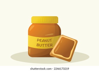 Peanut butter jar with toast. Peanut butter toast on light background. Flat style