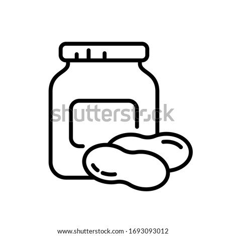 Peanut butter jar with two nuts in shell. Linear icon of finished product in store package Contour isolated vector on white background