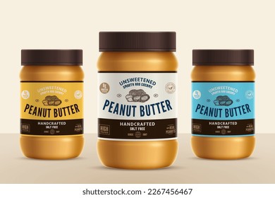 Peanut butter jars with labels. Peanut butter packaging design concept. Food label design