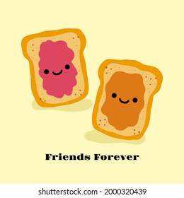 Peanut butter and Jelly jam on a toast vector illustration. Funny hand drawn cartoon cute characters. National Best Friends Day card . Smiling kawaii face.