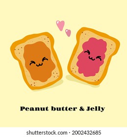 Peanut butter   Jelly jam toast vector illustration  Funny hand drawn cartoon cute characters  National Best Friends Day card   Smiling kawaii face 